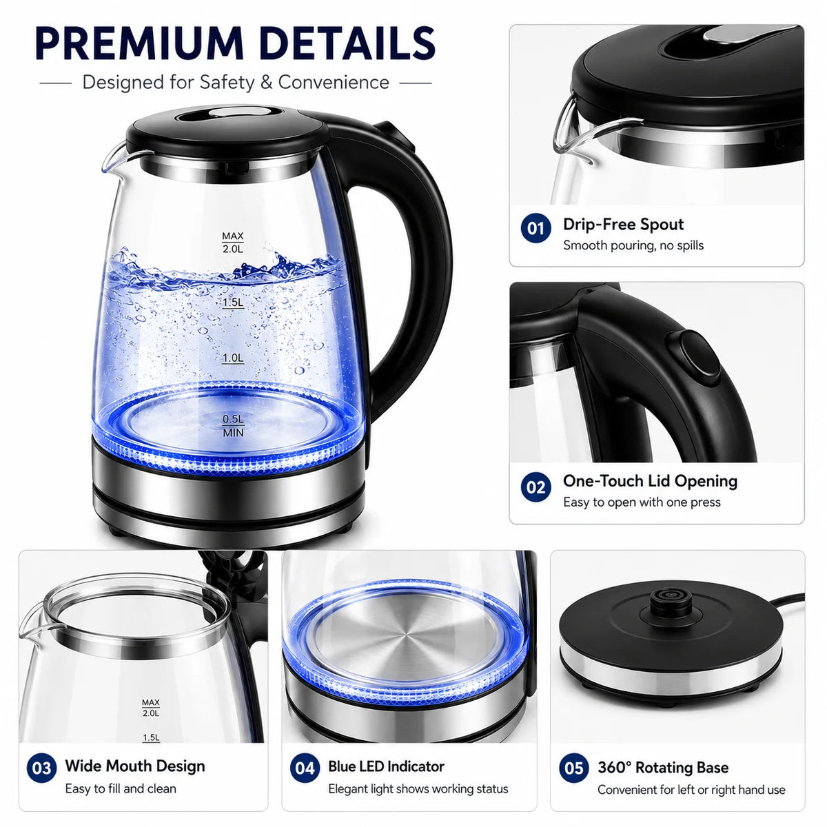 Premium Borosilicate Glass Electric Kettle With Auto Shut Off Safety