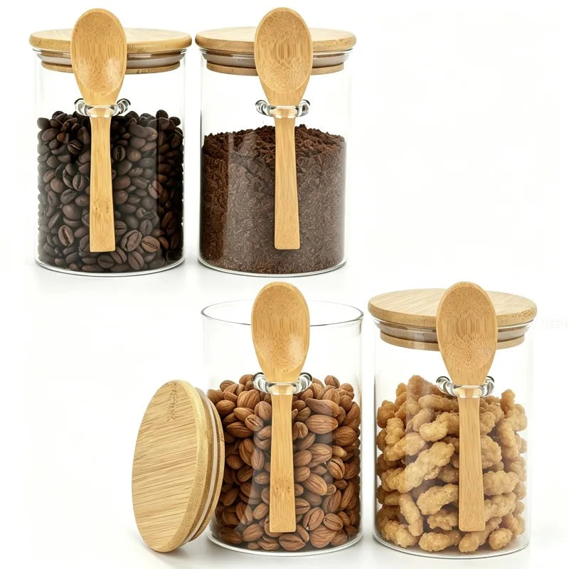 Premium Glass Storage Jars With Wooden Spoon And Lid