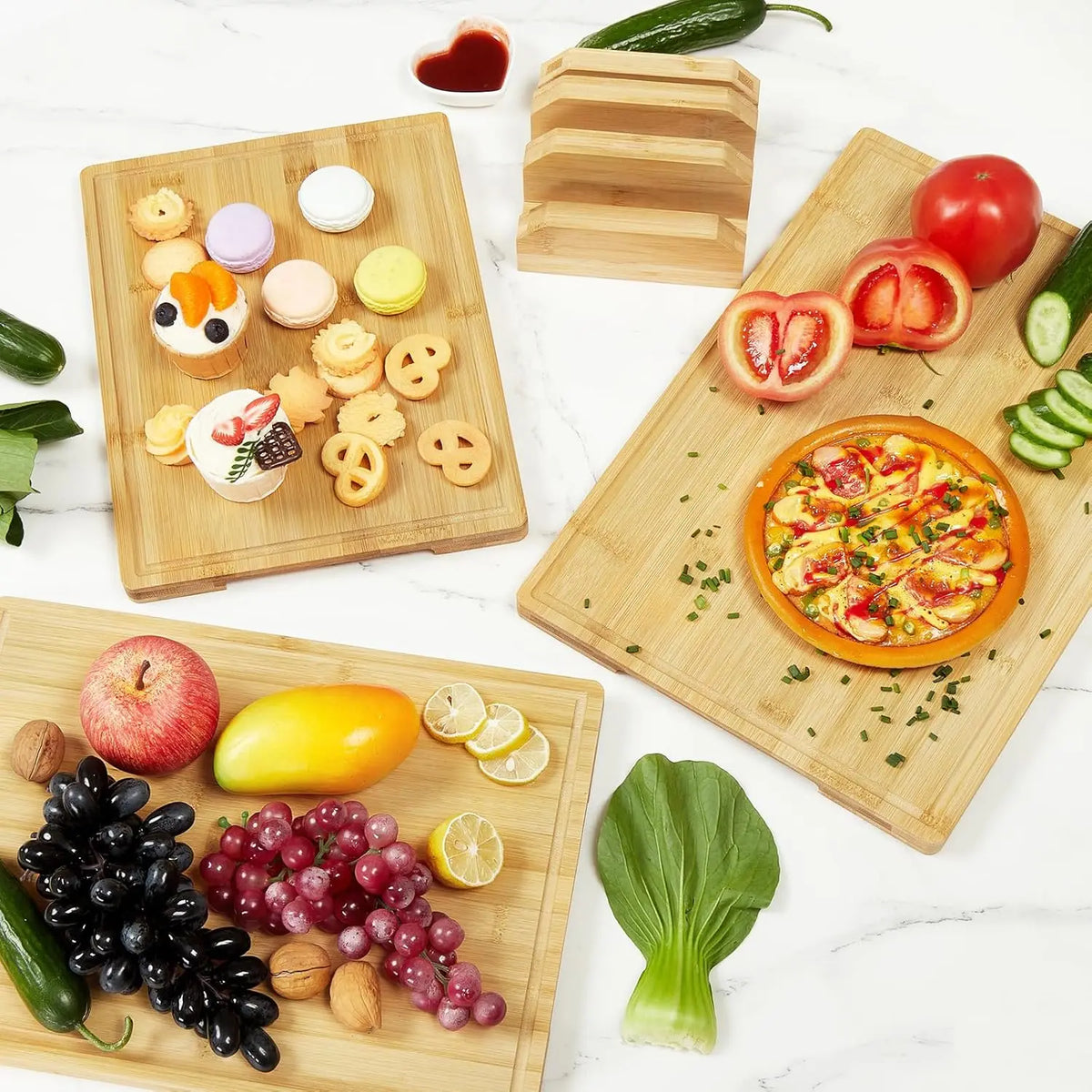 Three Piece Bamboo Cutting Board Set With Kitchen Stand