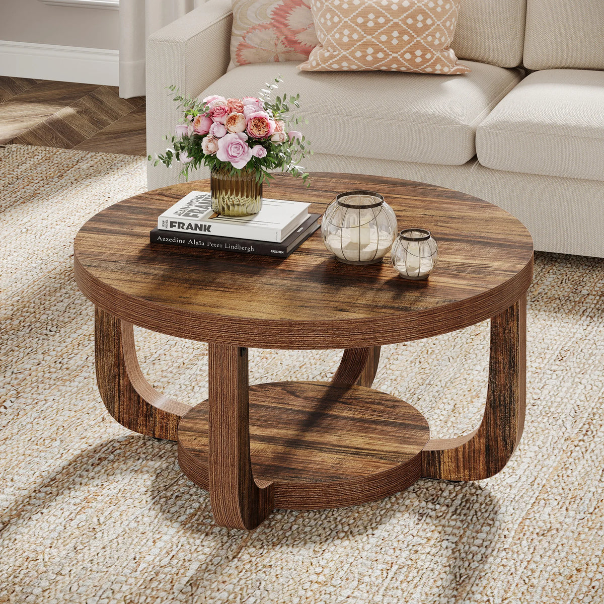 Tribesigns Modern Round Coffee Table With Two Tier Storage