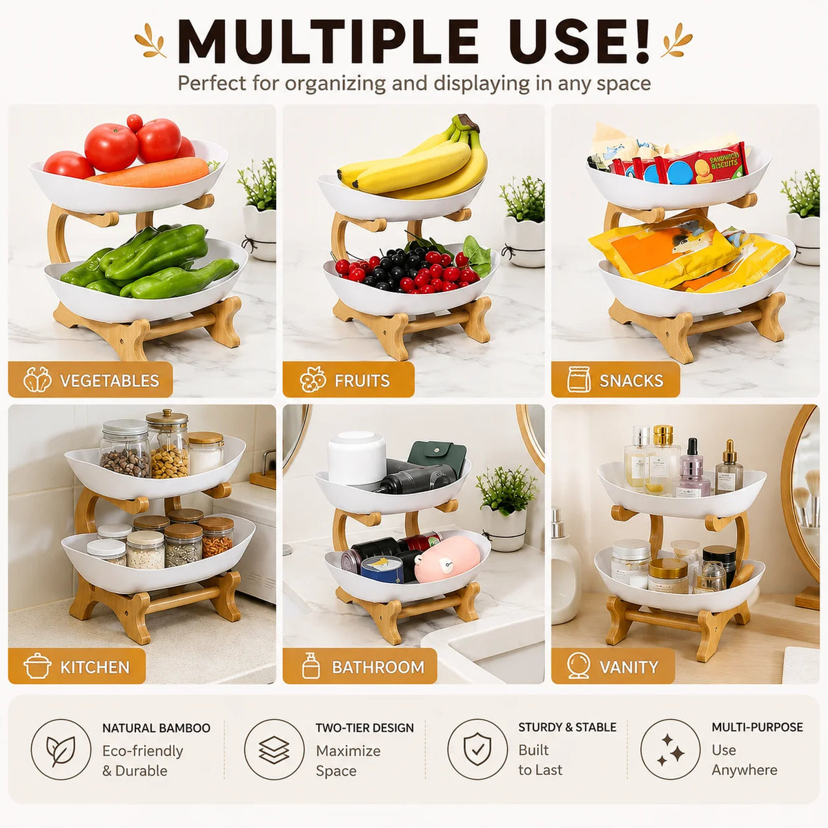Multi Tier Plastic Fruit Bowl With Bamboo Frame Kitchen Stand