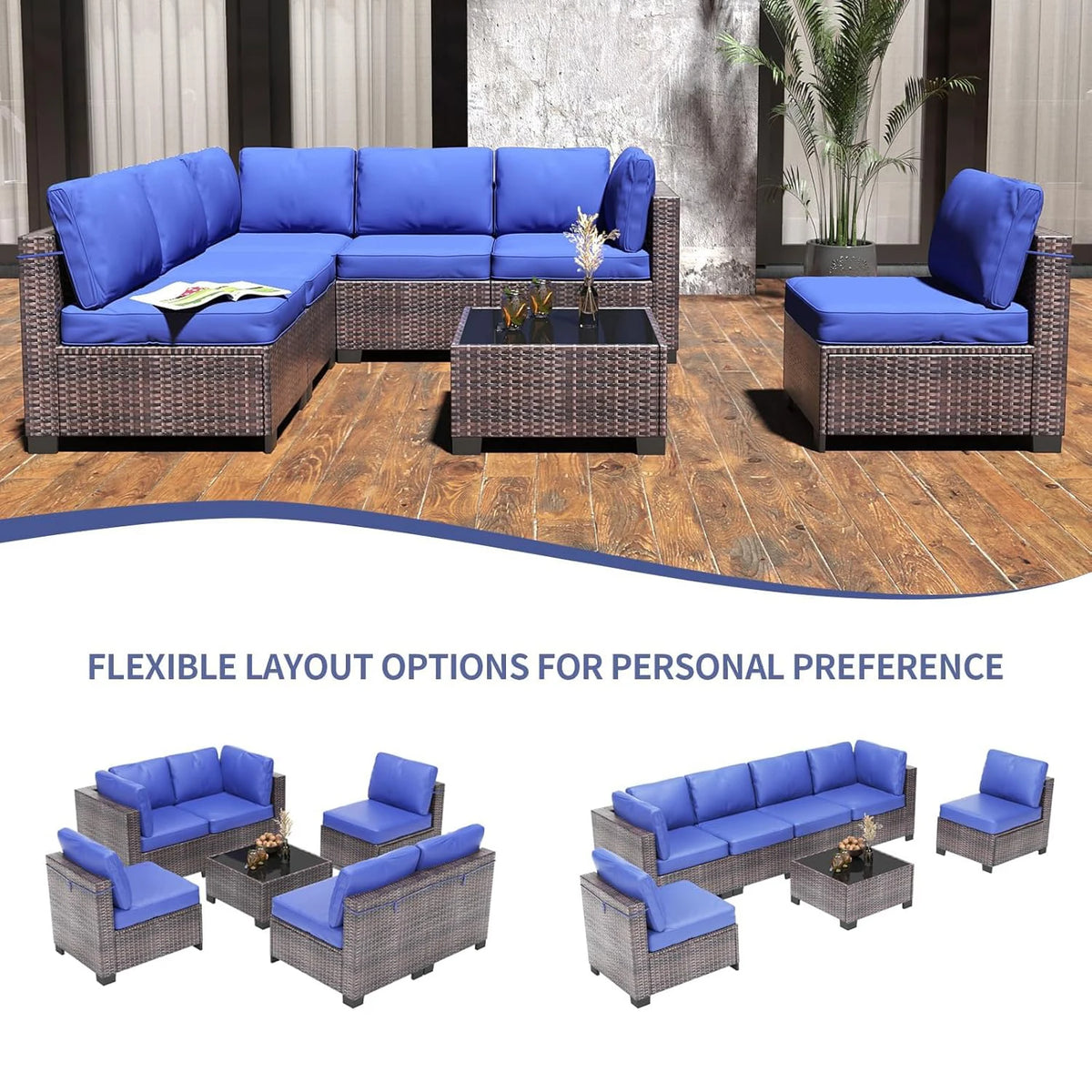 HiMiss Seven Piece Modular Outdoor PE Rattan Sectional Sofa Set