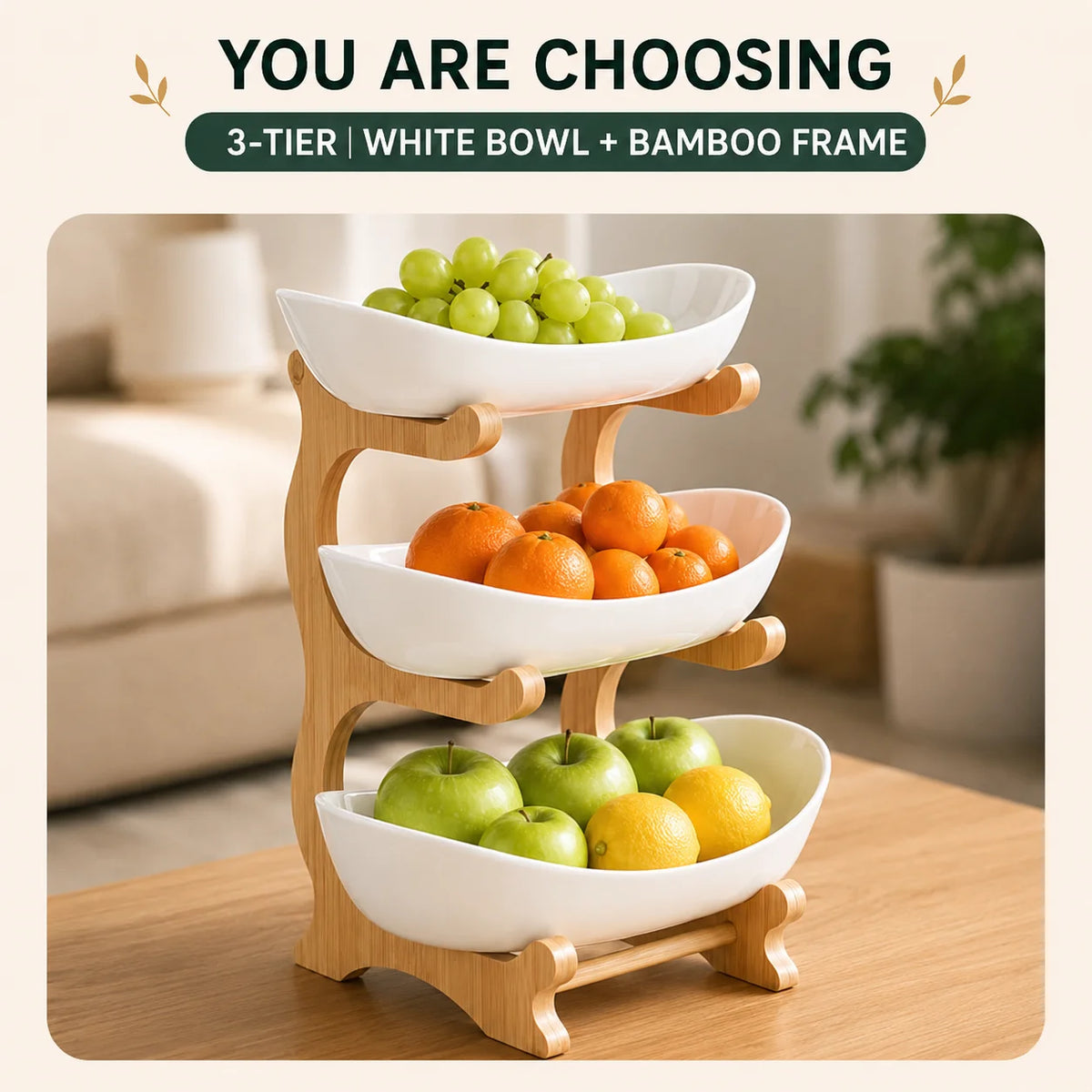 Multi Tier Plastic Fruit Bowl With Bamboo Frame Kitchen Stand