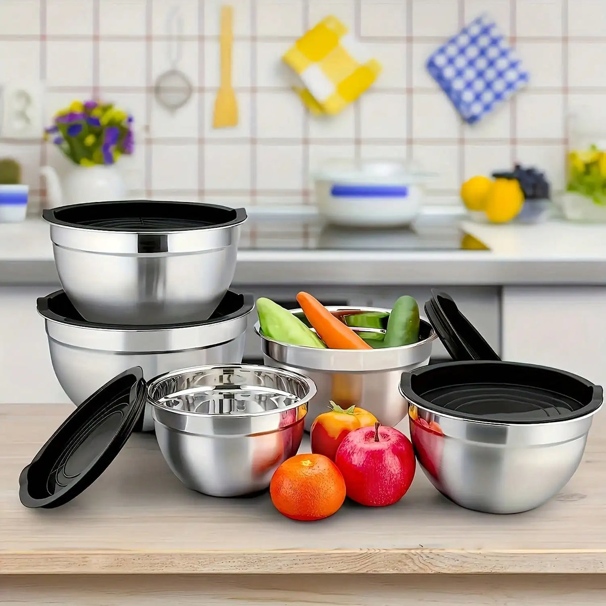 Stackable Stainless Steel Mixing Bowls With Lids And Grater Attachments