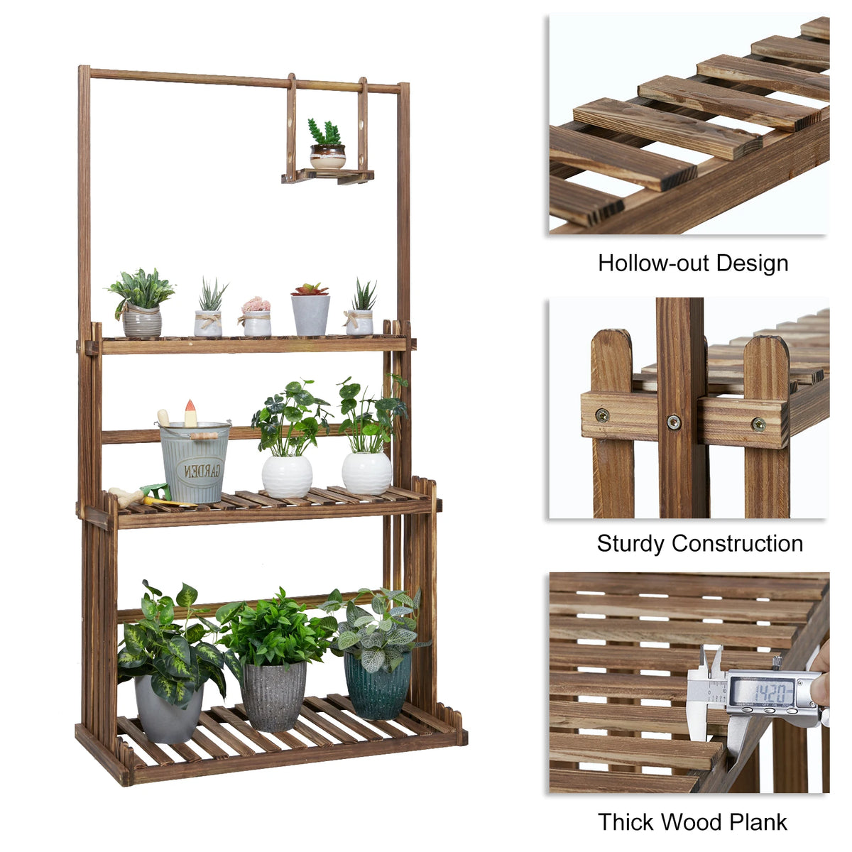 Multi Tier Wooden Hanging Plant Stand For Indoor And Outdoor