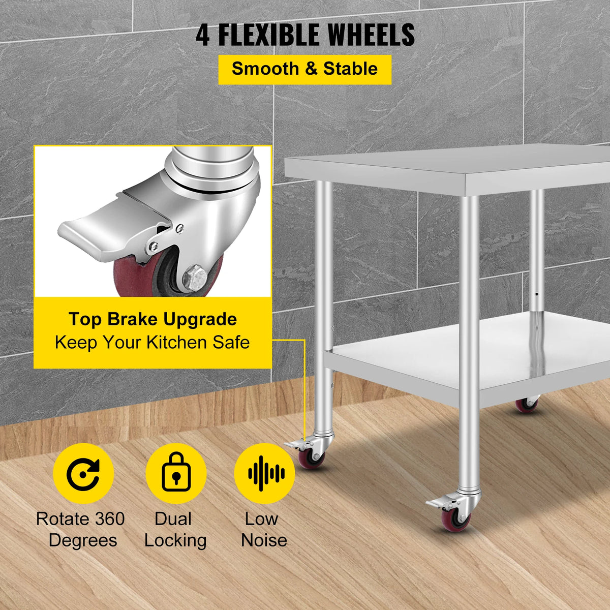 SucceBuy Stainless Steel Kitchen Prep Table With Casters And Rack