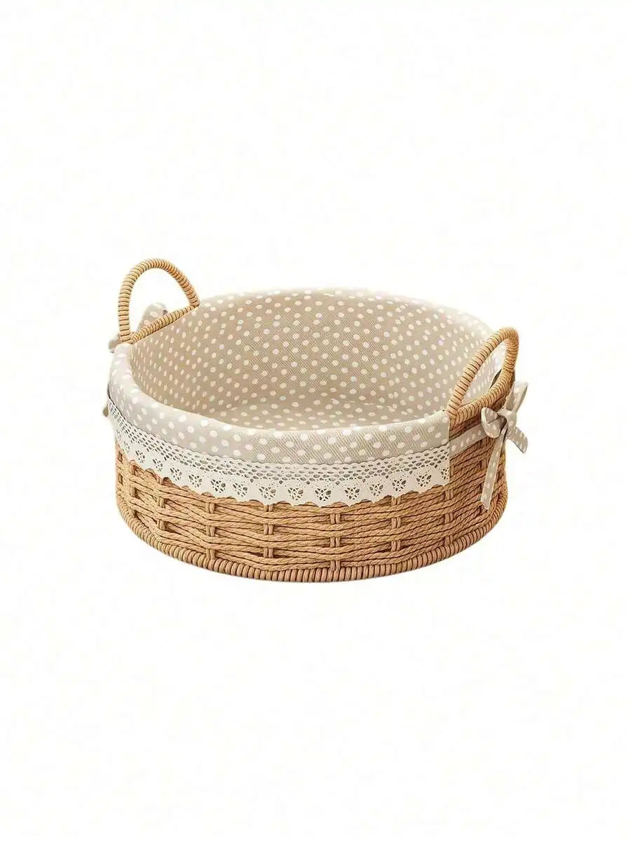 Natural Woven Wicker Basket With Lace Liner And Double Handles