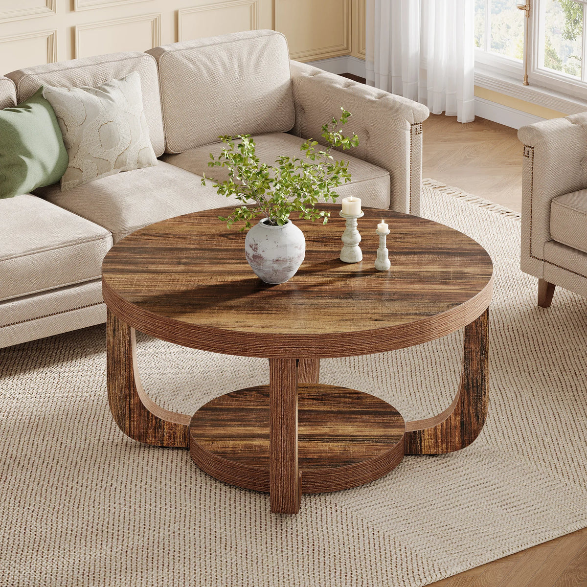 Tribesigns Modern Round Coffee Table With Two Tier Storage