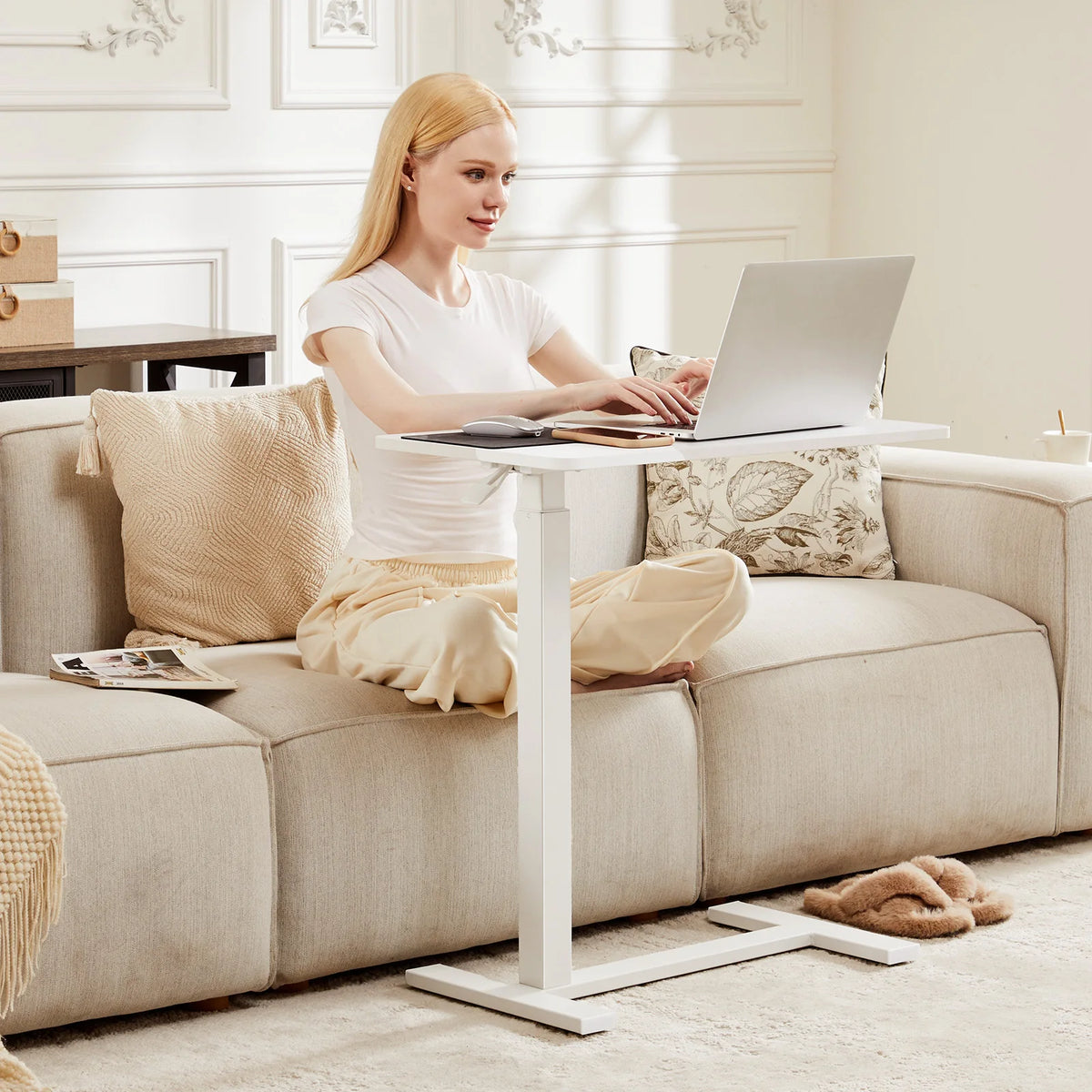 JHK Adjustable Height Overbed Bedside Table With Wheels