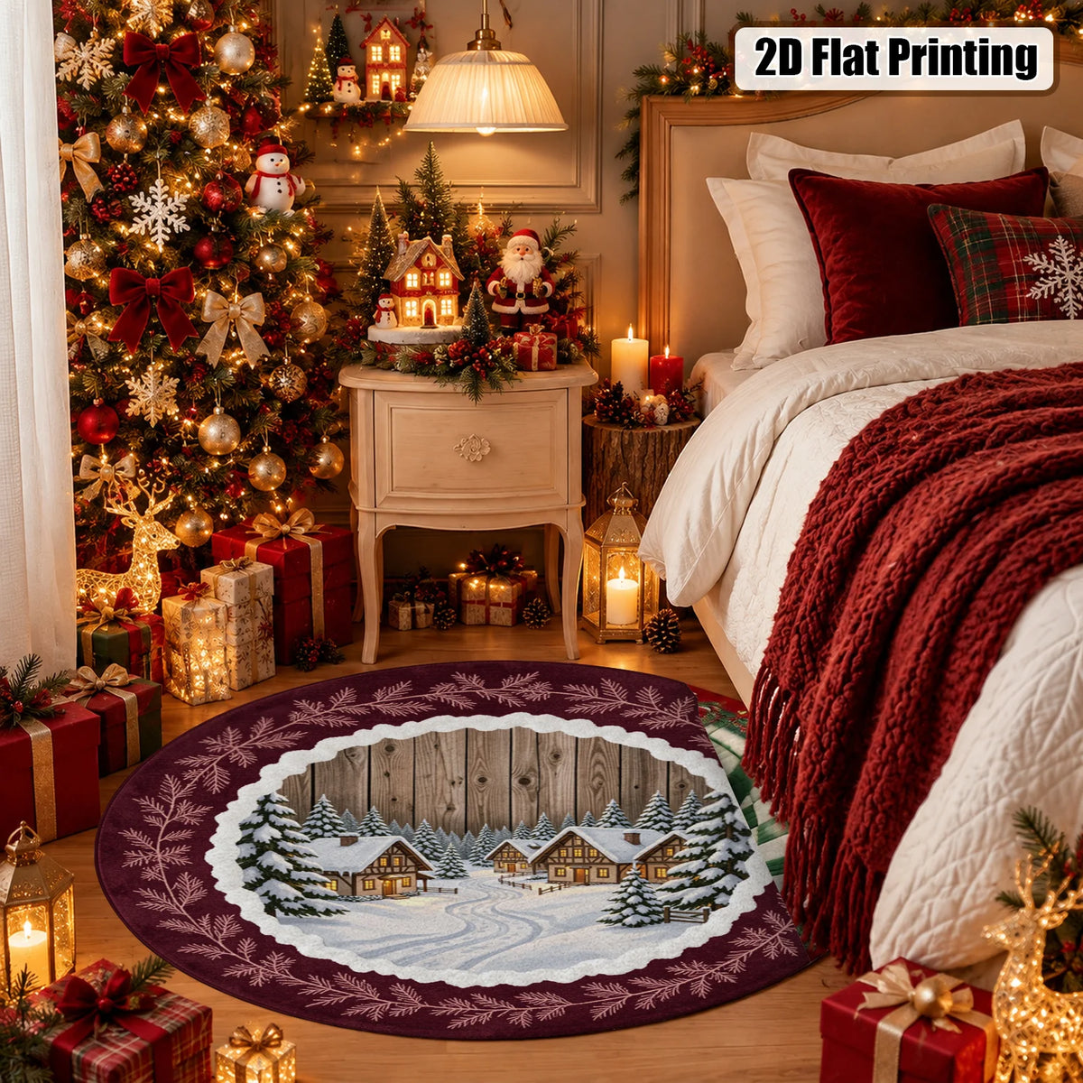 Round Winter Pine Branch Velvet Rug Machine Washable Plush Design