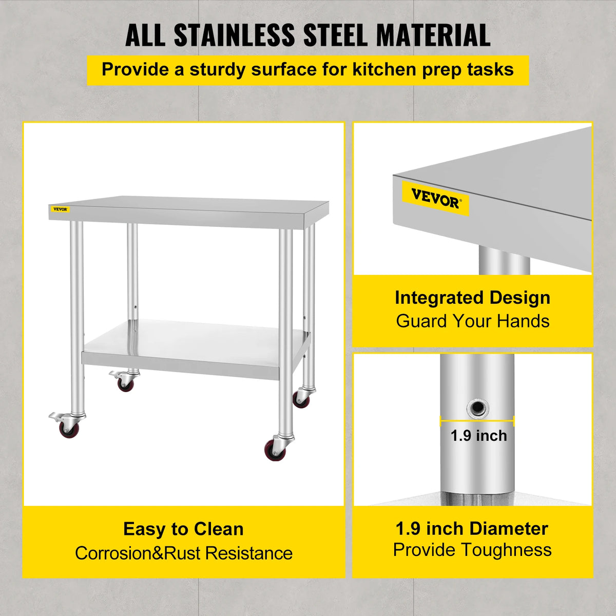 SucceBuy Stainless Steel Kitchen Prep Table With Casters And Rack