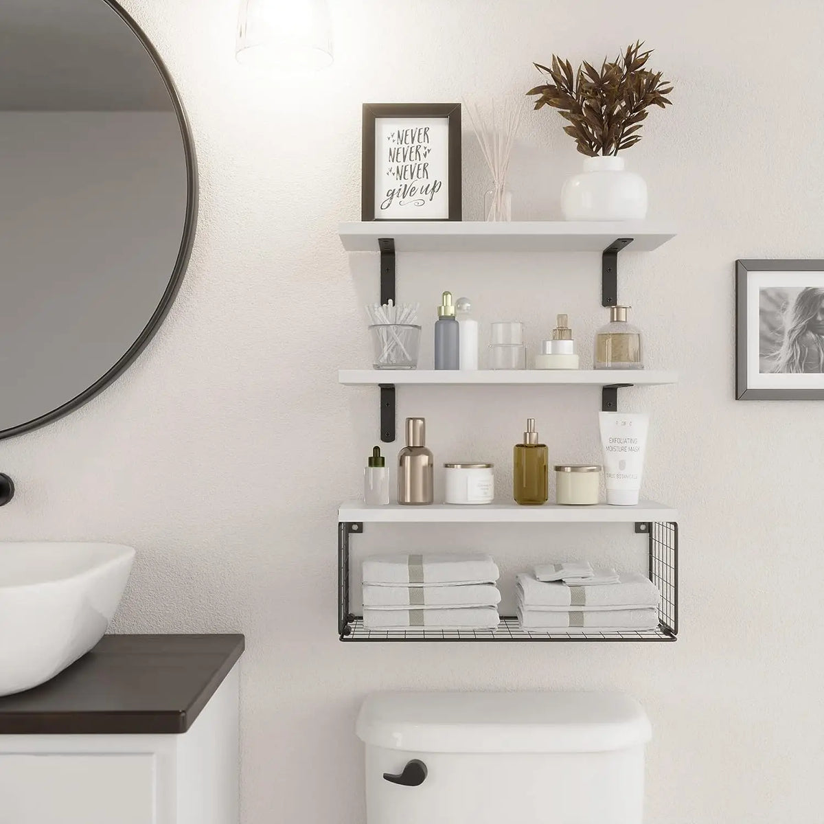 Elegant Over Toilet Wooden Shelf With Practical Storage Basket