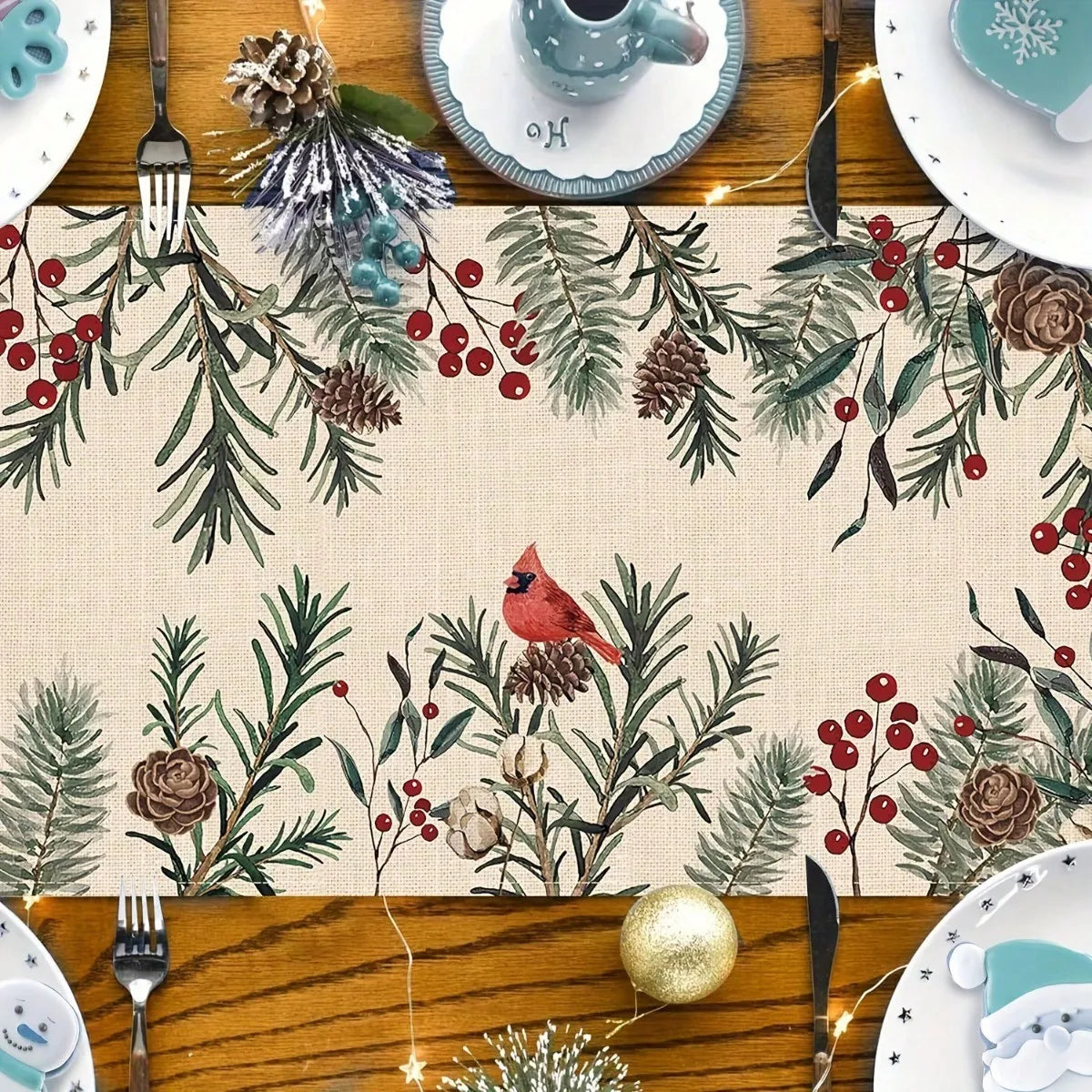 Pine Needle Printed Table Runner Farmhouse Christmas Home Decor