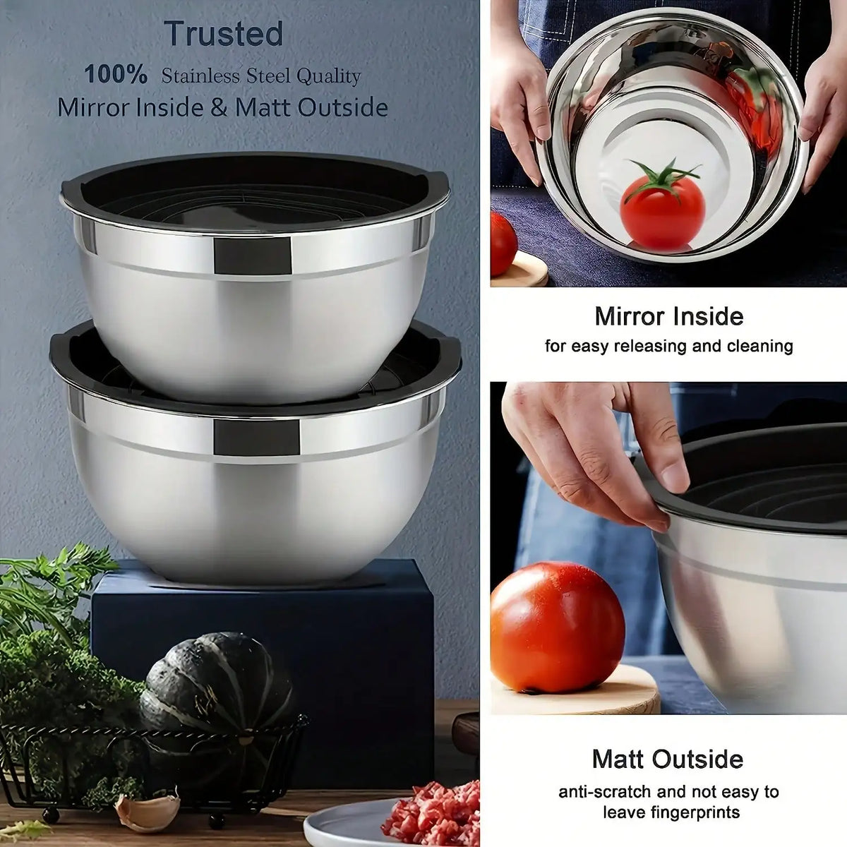 Stackable Stainless Steel Mixing Bowls With Lids And Grater Attachments