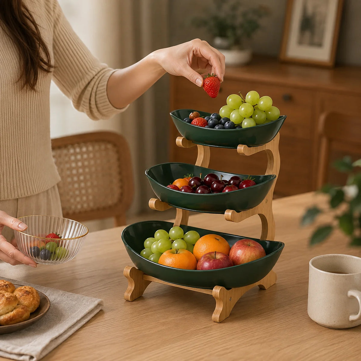 Multi Tier Plastic Fruit Bowl With Bamboo Frame Kitchen Stand