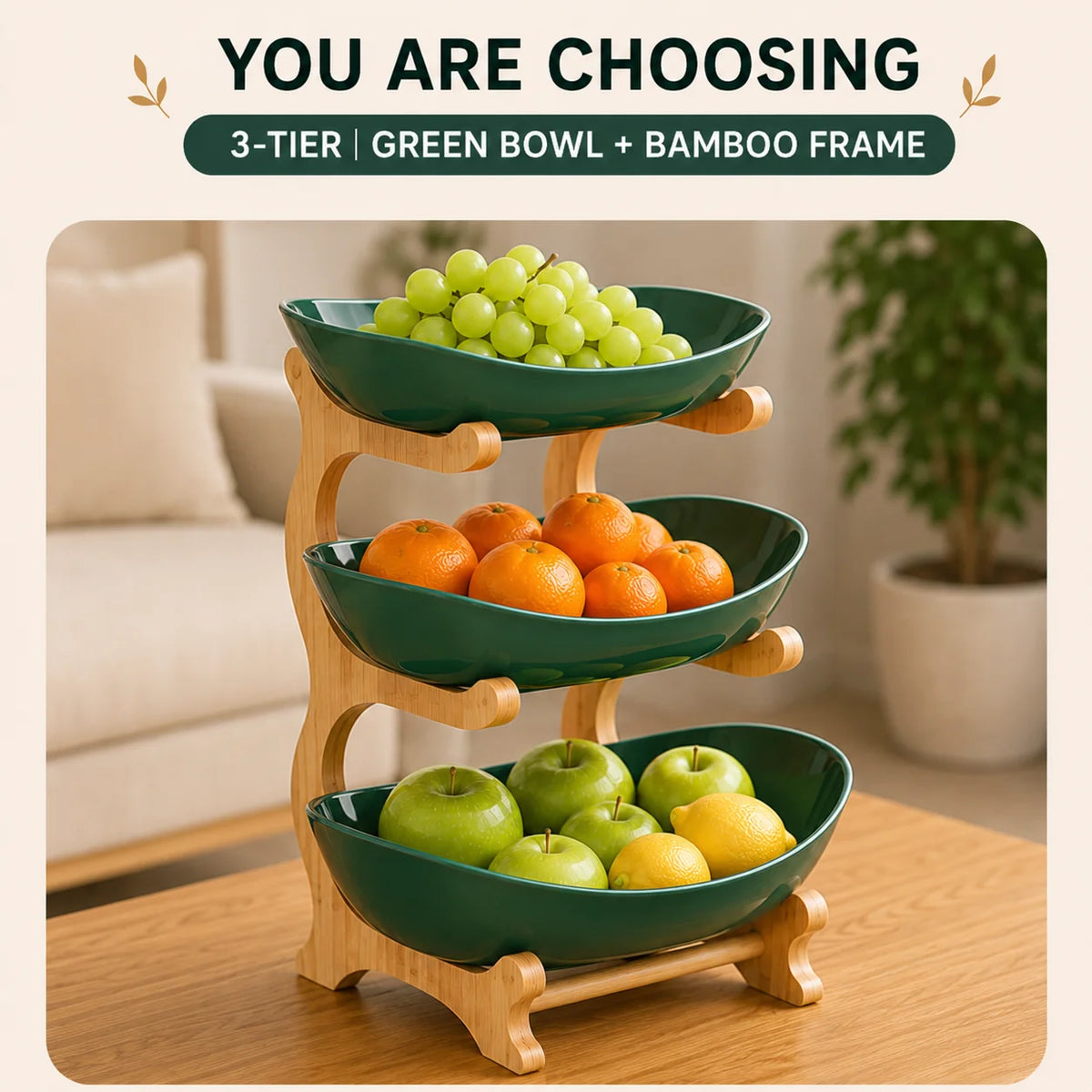 Multi Tier Plastic Fruit Bowl With Bamboo Frame Kitchen Stand