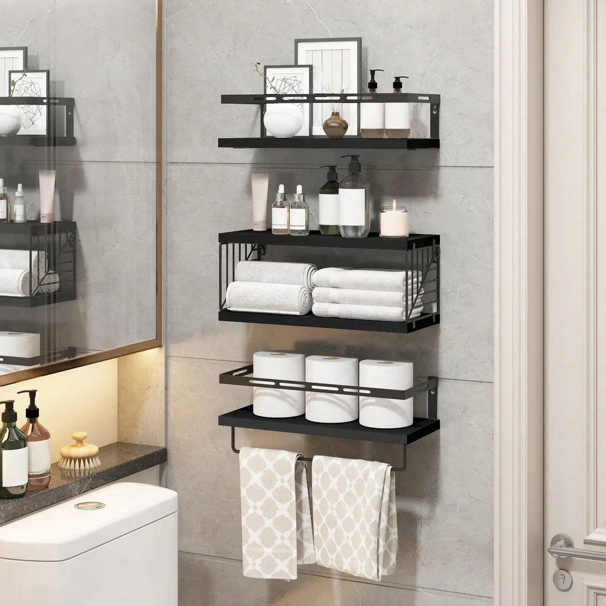 Wooden Wall Mounted Bathroom Floating Shelves With Towel Bar Bracket