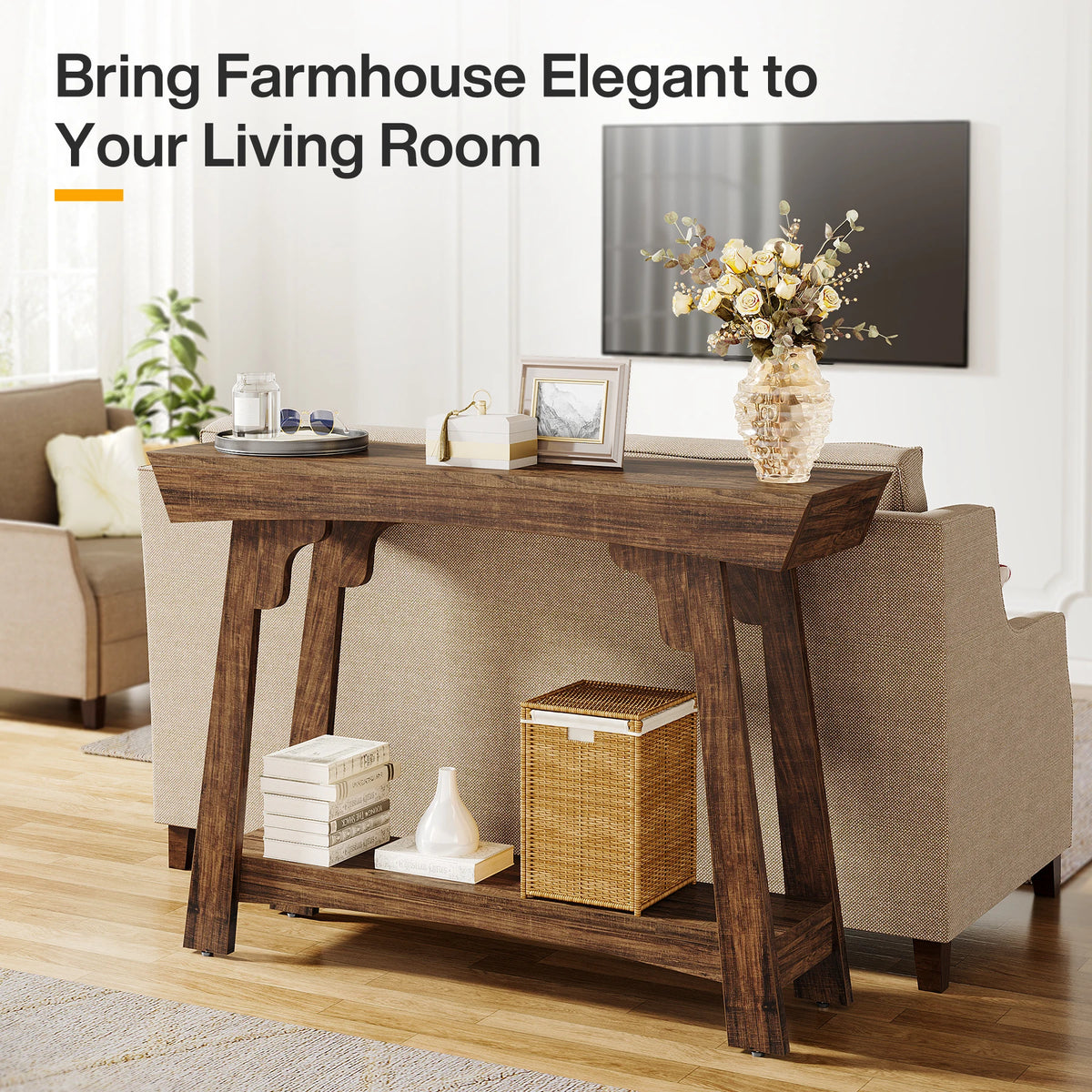 Tribesigns Farmhouse Wood Console Table Two Tier Storage Shelf