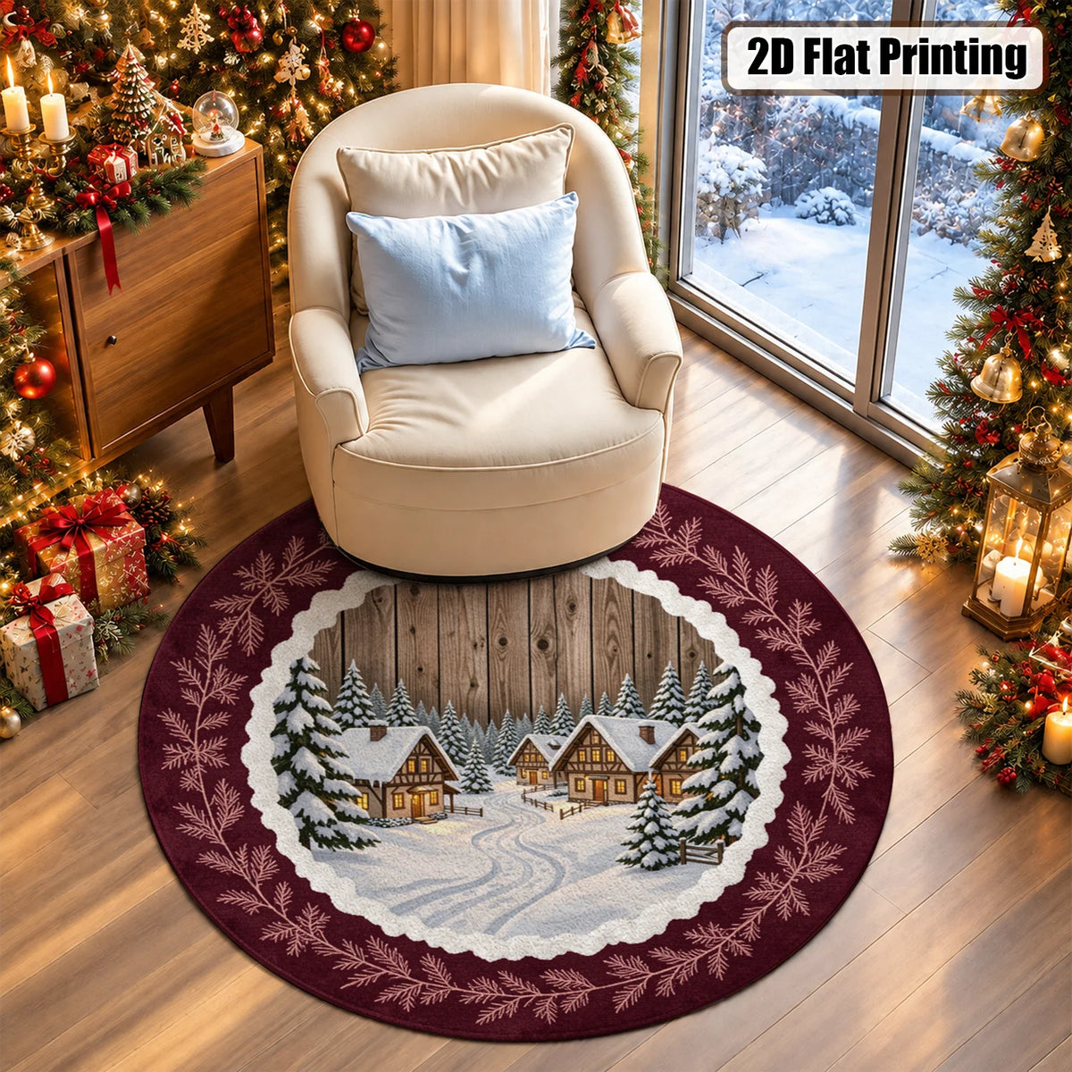 Round Winter Pine Branch Velvet Rug Machine Washable Plush Design