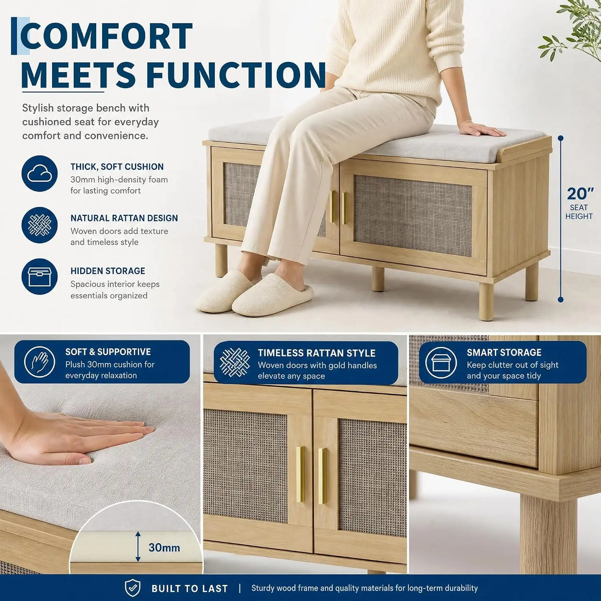 Garvee Cushioned Shoe Storage Bench With Adjustable Shelves