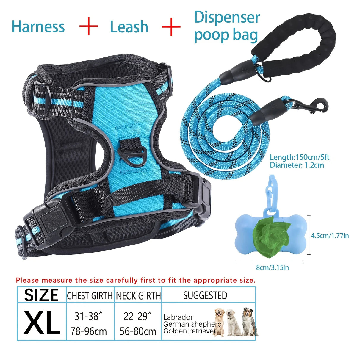 Reflective Adjustable Oxford Dog Harness With Poop Bag Dispenser