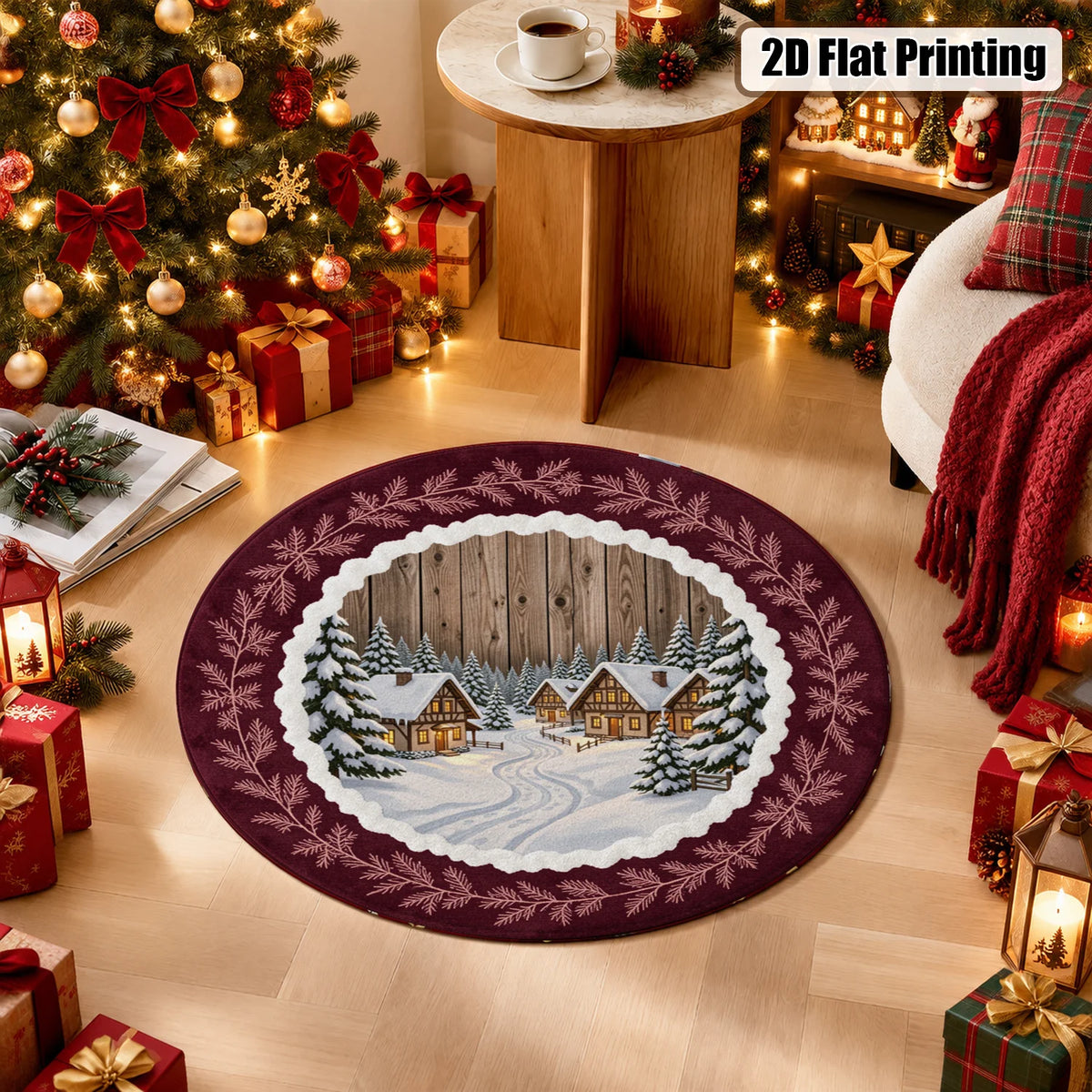 Round Winter Pine Branch Velvet Rug Machine Washable Plush Design