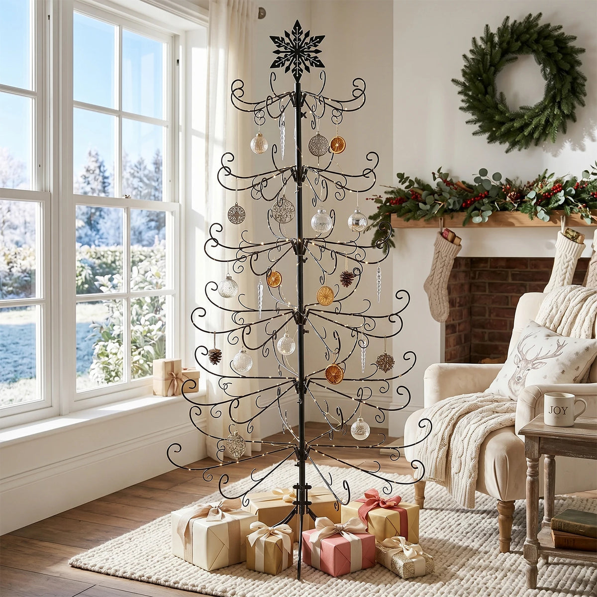 Wrought Iron Christmas Tree With Snowflake Top Display Ornament