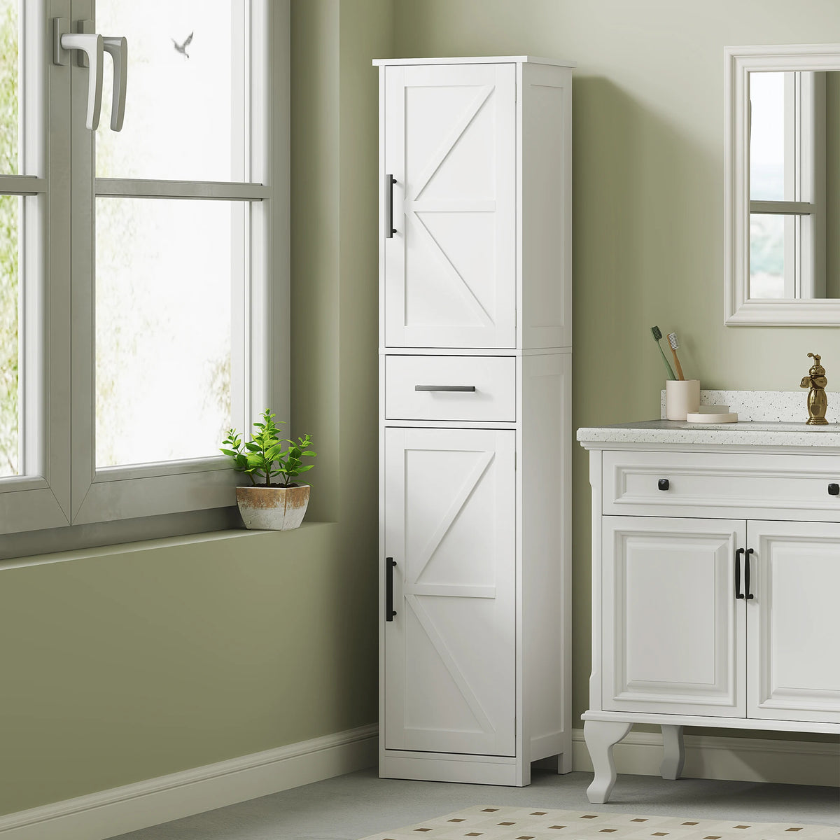 Homcom Farmhouse Bathroom Storage Cabinet Featuring Barn Door Design