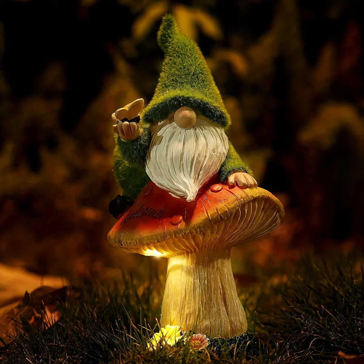 Solar Powered Gnome Mushroom Garden Statue Outdoor Decor Light