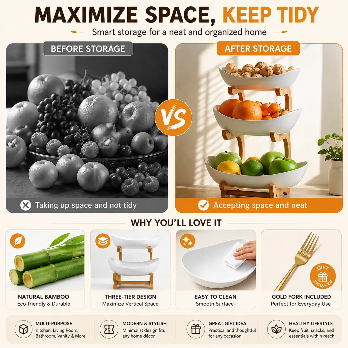 Multi Tier Plastic Fruit Bowl With Bamboo Frame Kitchen Stand