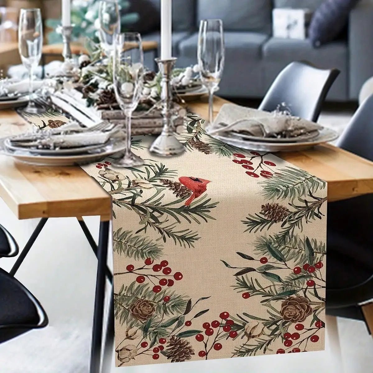 Pine Needle Printed Table Runner Farmhouse Christmas Home Decor