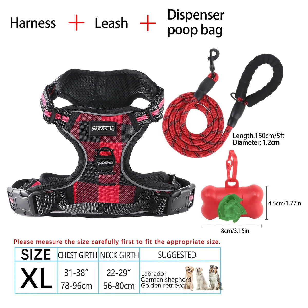 Reflective Adjustable Oxford Dog Harness With Poop Bag Dispenser