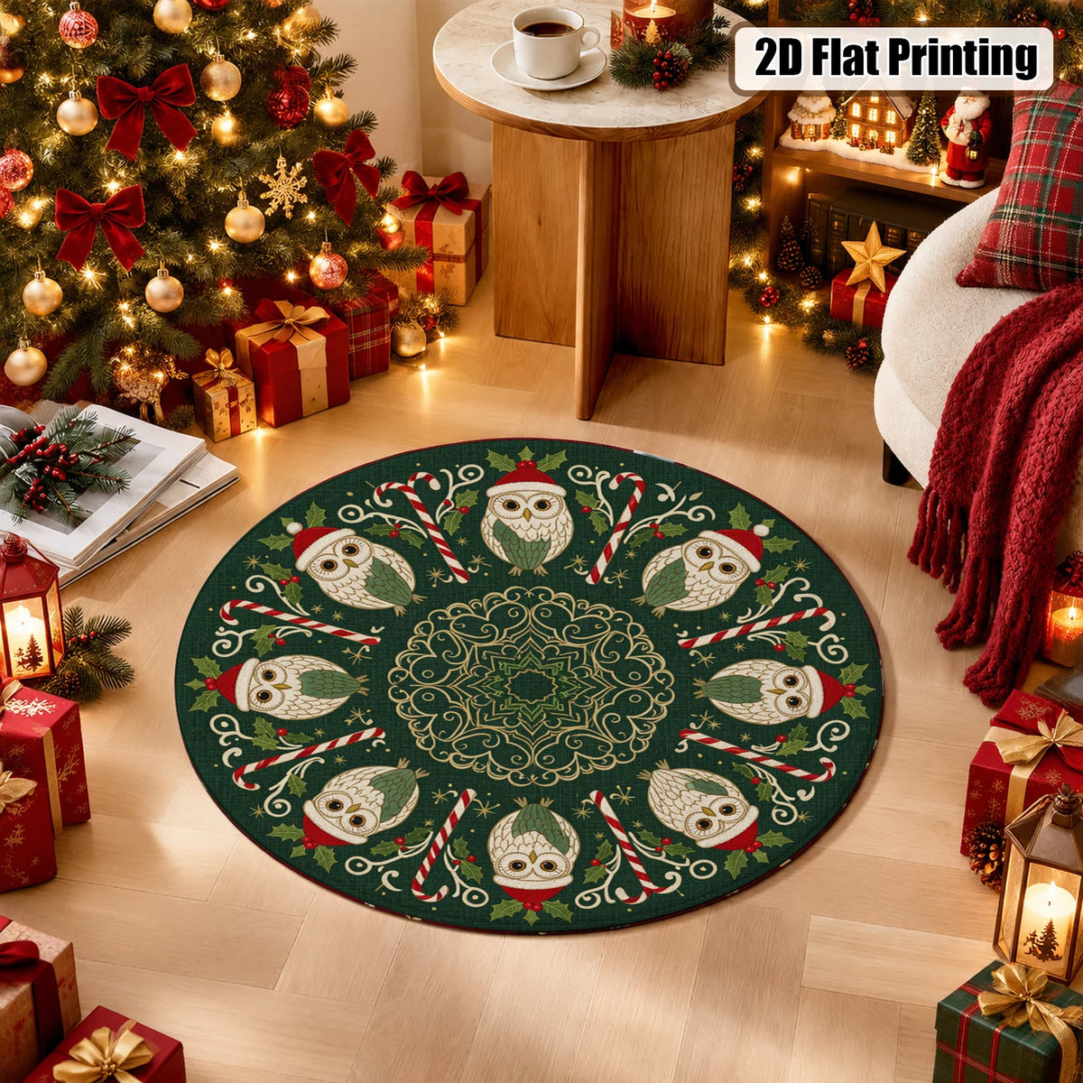Christmas Owl Candy Cane Plush Velvet Area Rug Living Room