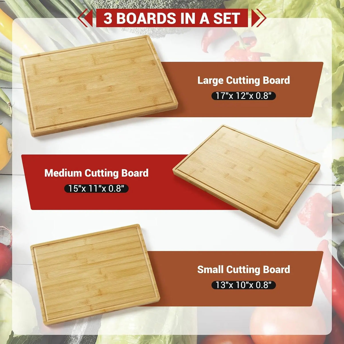 Three Piece Bamboo Cutting Board Set With Kitchen Stand