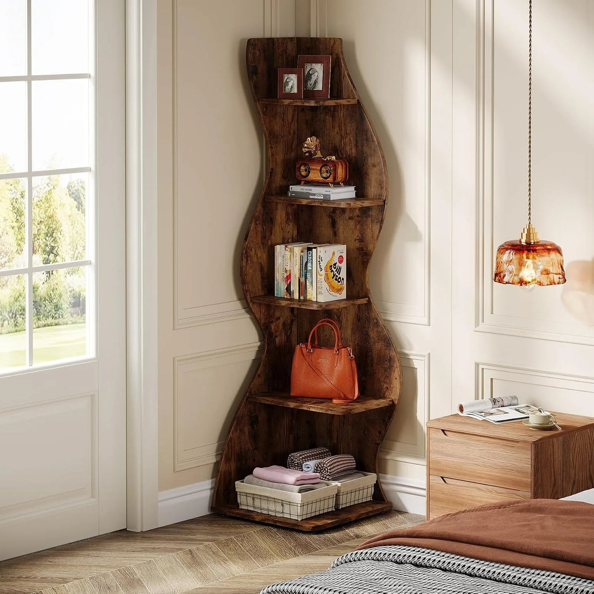 Modern Wavy Corner Shelf And Curved Display Bookcase
