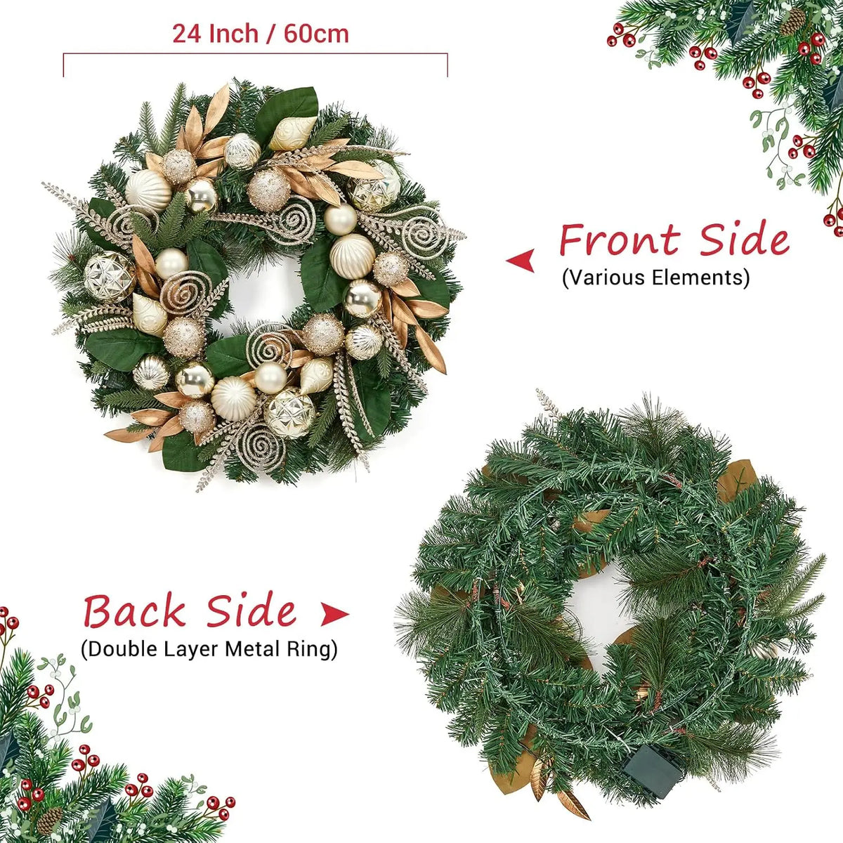 Garvee Artificial Christmas Wreath Pre Lit With Led Lights Ornaments