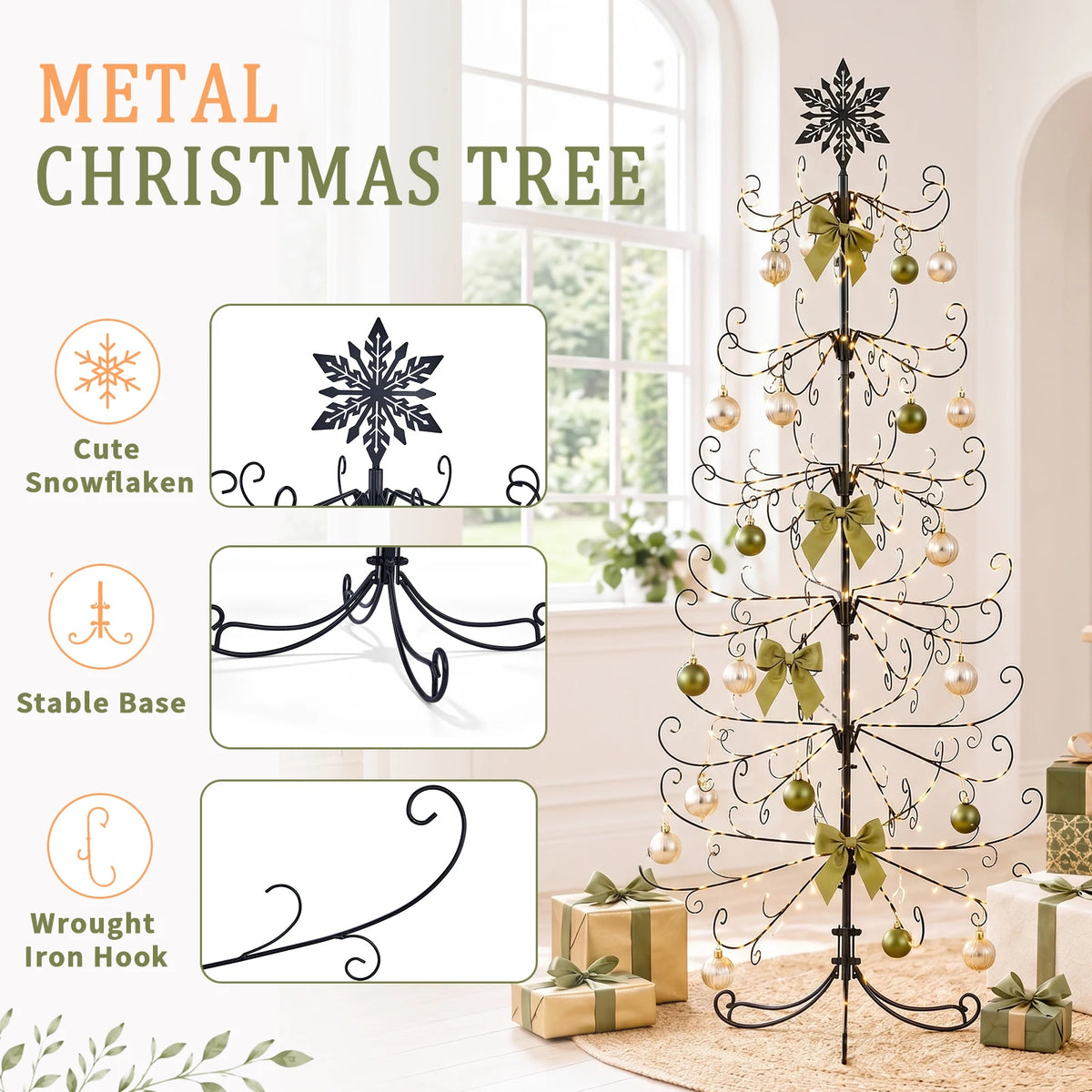 Wrought Iron Christmas Tree With Snowflake Top Display Ornament