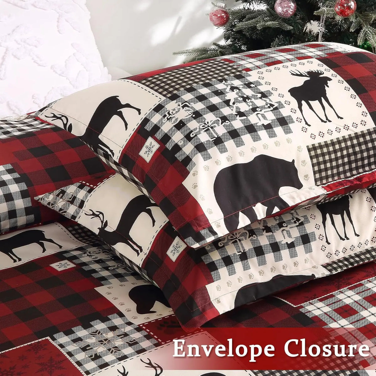 Three Piece Christmas Reversible Plaid Duvet Cover With Shams