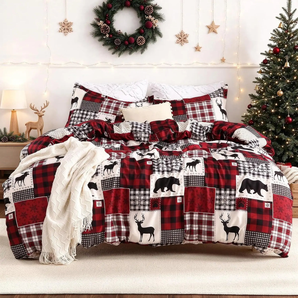 Three Piece Christmas Reversible Plaid Duvet Cover With Shams