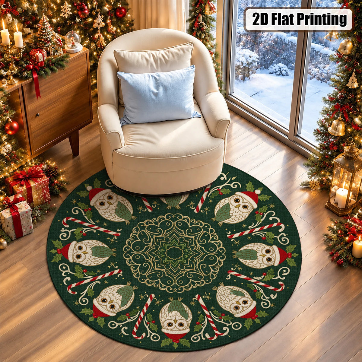 Christmas Owl Candy Cane Plush Velvet Area Rug Living Room