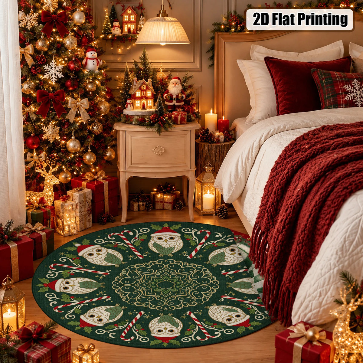 Christmas Owl Candy Cane Plush Velvet Area Rug Living Room