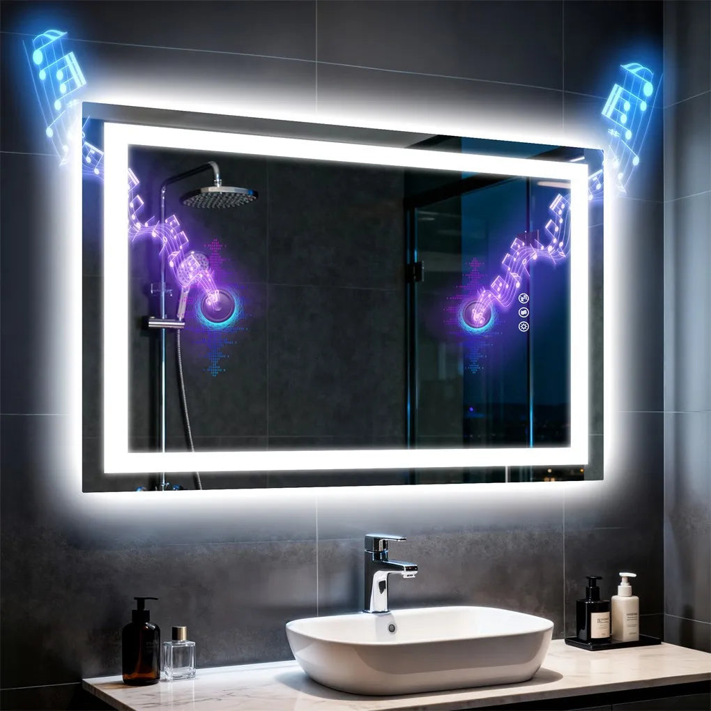 Borwart Anti Fog Led Mirror Tempered Glass Bathroom Dual Speaker