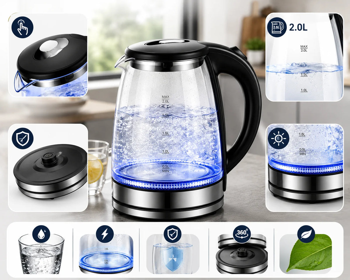 Premium Borosilicate Glass Electric Kettle With Auto Shut Off Safety
