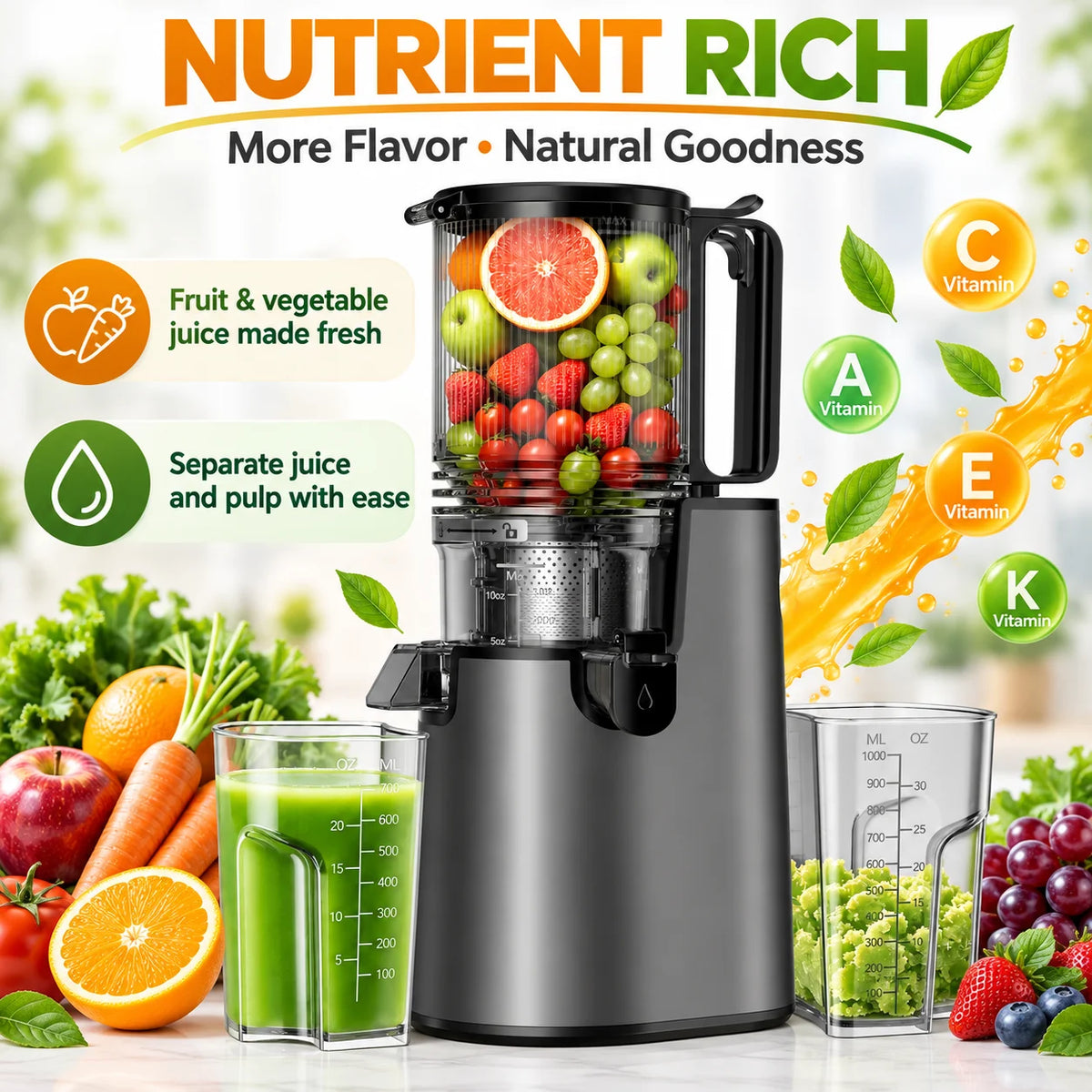 Slow Masticating Cold Press Juicer With Large Feed Chute