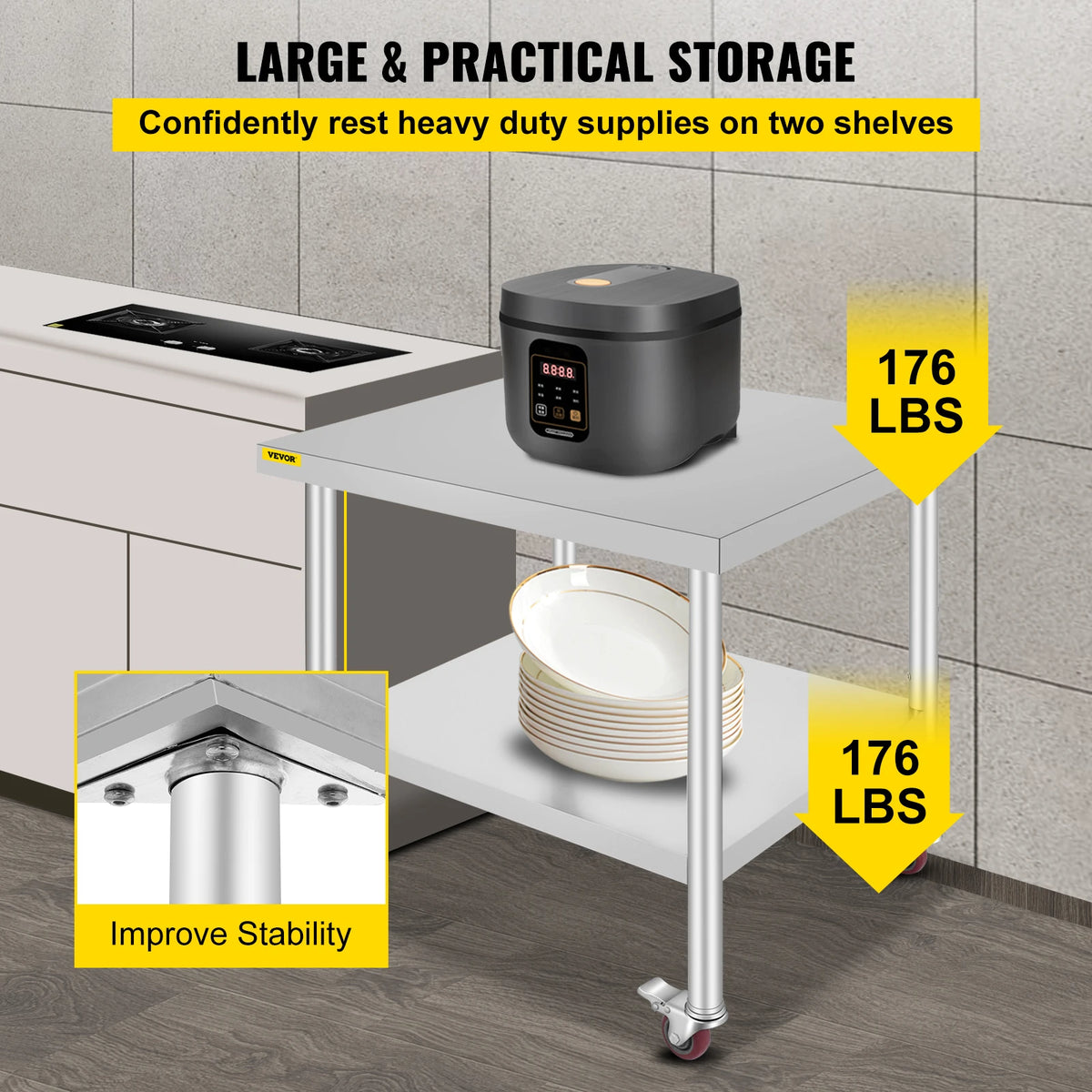 SucceBuy Stainless Steel Kitchen Prep Table With Casters And Rack