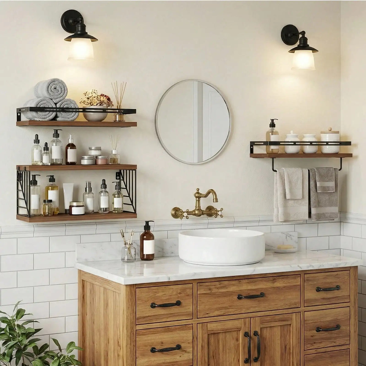 Wooden Wall Mounted Bathroom Floating Shelves With Towel Bar Bracket