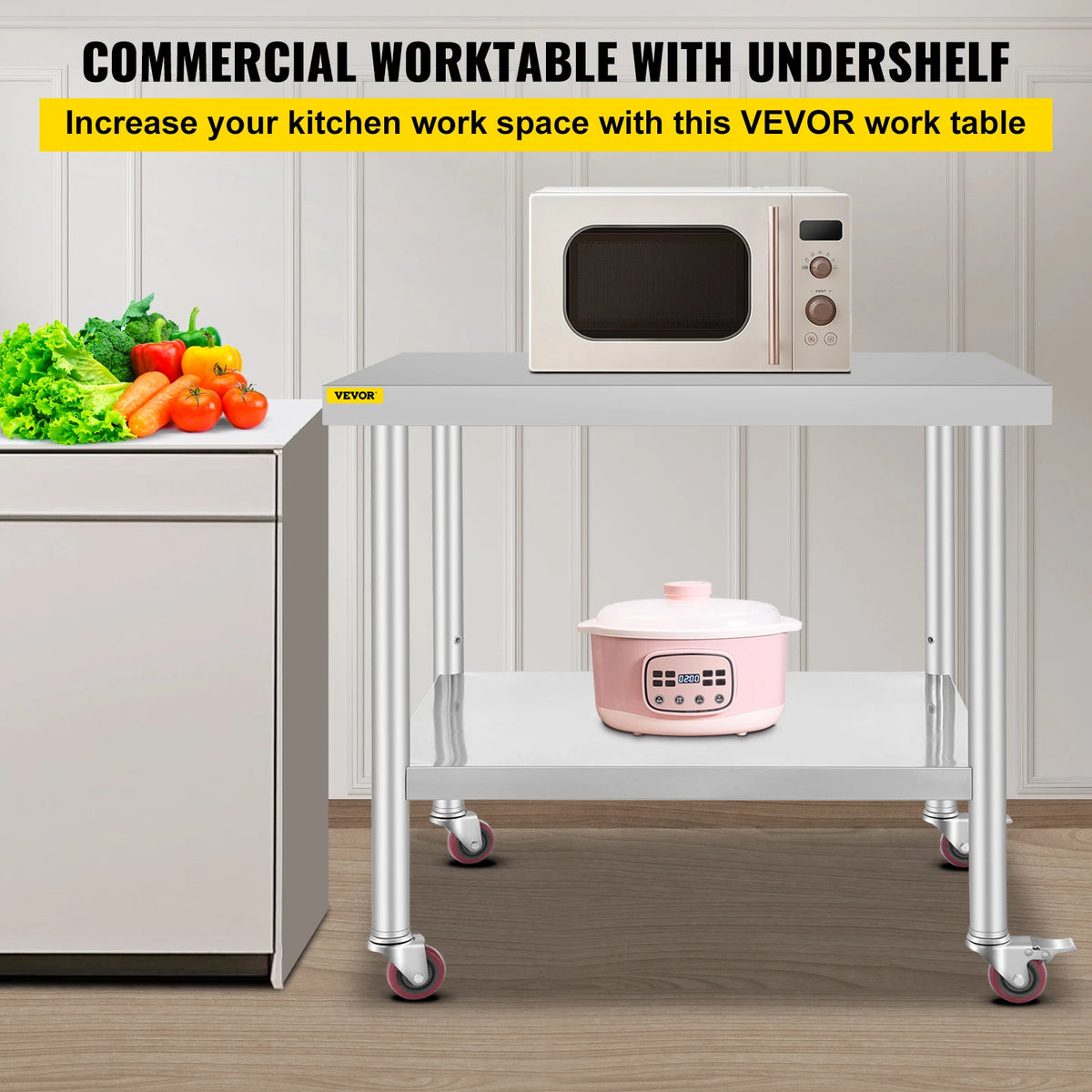 SucceBuy Stainless Steel Kitchen Prep Table With Casters And Rack