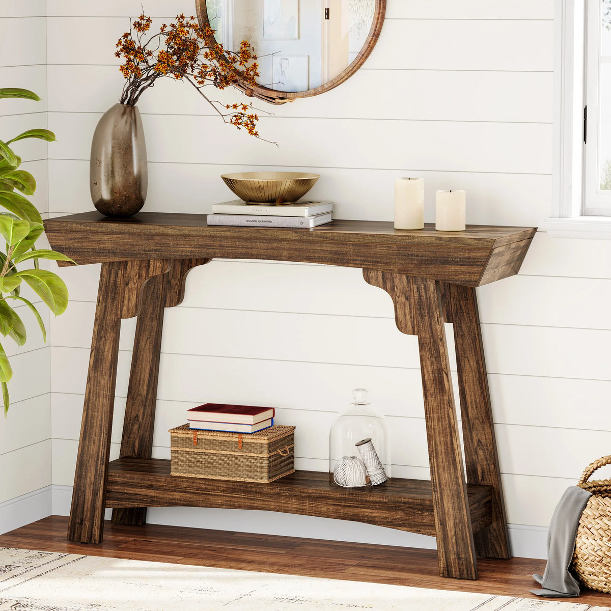 Tribesigns Farmhouse Wood Console Table With Tiered Storage Shelf