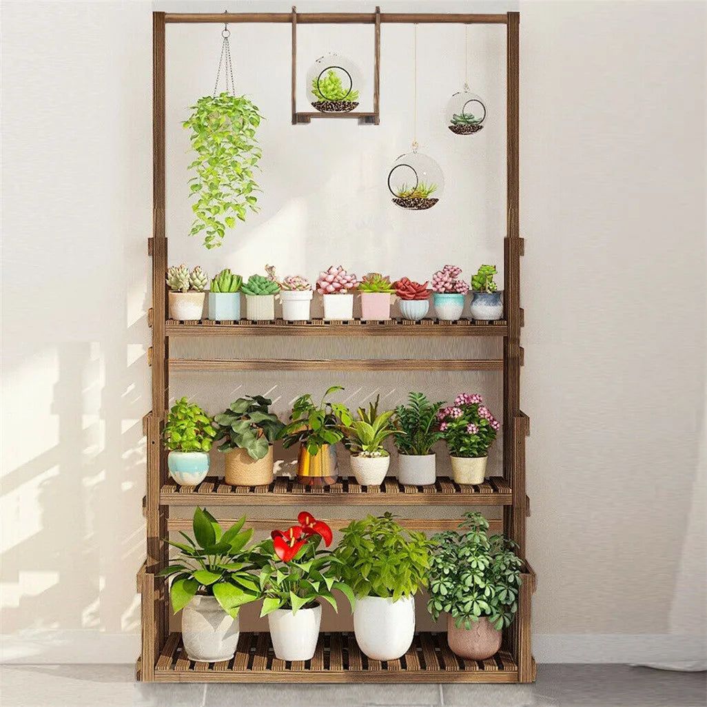 Multi Tier Wooden Hanging Plant Stand For Indoor And Outdoor