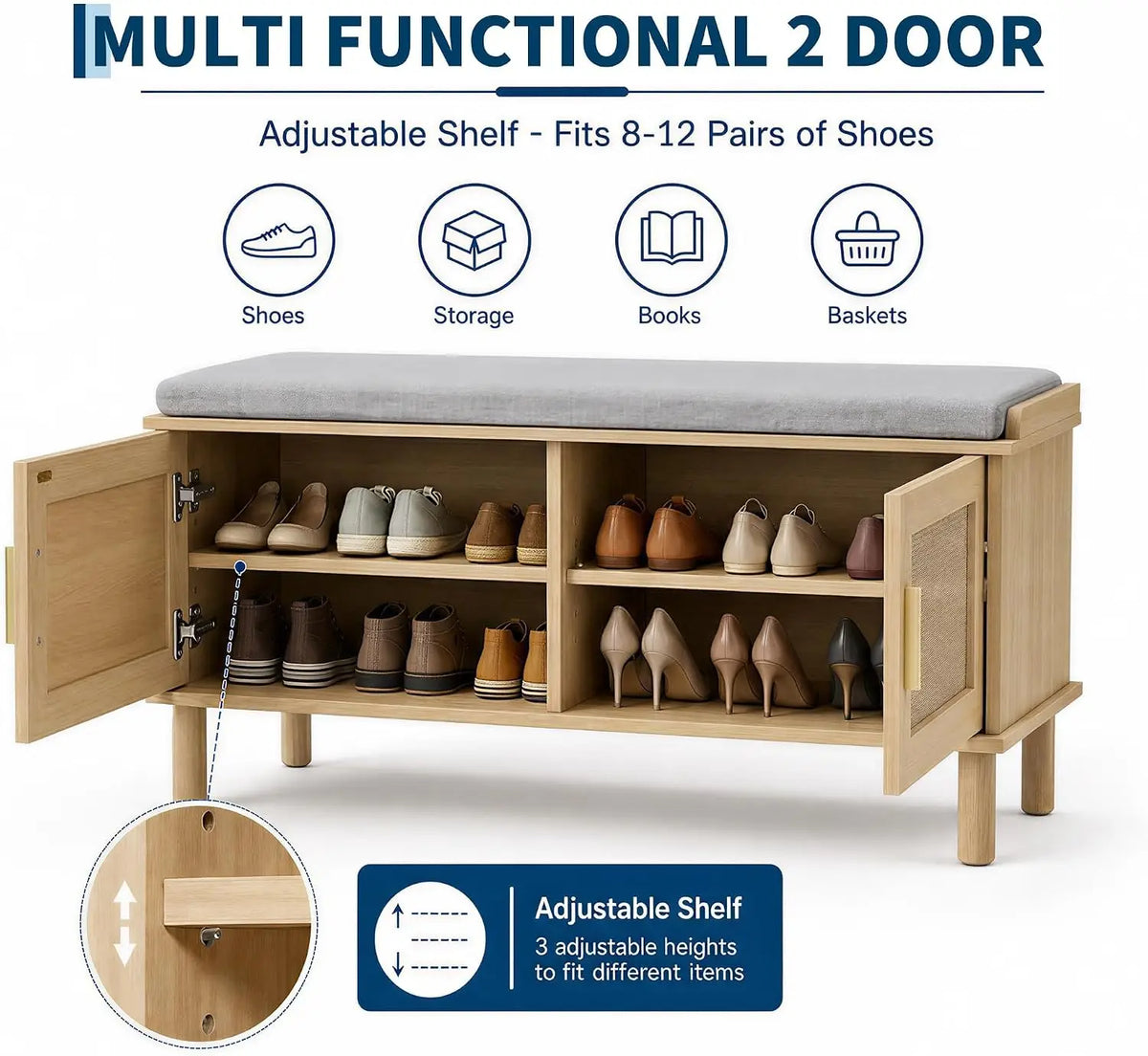 Garvee Cushioned Shoe Storage Bench With Adjustable Shelves